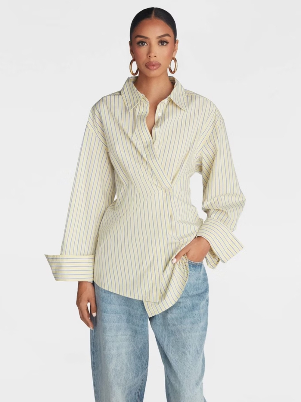 KBB Striped Wrap-Front Button Shirt - Yellow Large Nwt